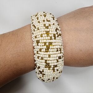 Handmade Bohemian Glass Seed Bead Bangle Neutral Beige & Gold Geometric Tribal